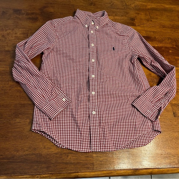 Ralph Lauren Boys Red maroon Gingham Button Down Shirt size large 14-16 - Picture 1 of 6